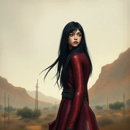 girl in burgundy pattered snakeskin, long black hair, steppe biome. highly detailed, digital painting, watercolor, soviet realism, engraving, artstation, concept art, smooth, sharp focus, vivid grunge, manga, illustration, unreal engine 5, 8 k, art by bilibin and kilian eng and kuvshinov and malevich and mucha