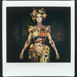 beautiful and detailed rotten woman made of plants and many different types of flowers, muscles, intricate, organs, ornate, surreal, john constable, guy denning, dan hillier, manera, caravaggio, 1 9 1 0 polaroid photo