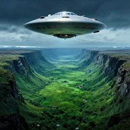 admiral byrds journey. under the earth. strange part of antartica, green valley below, lush and green, green pastures stretch for miles, secret photograph of declassified ufo base in antarctica, operation highjump, recolored, 4 k, underground civilization, strange craft above the horizon