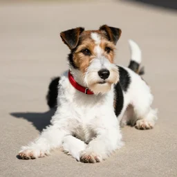 old smooth fox terrier with a white and black coat, red collar, white tail, lying in the sun
