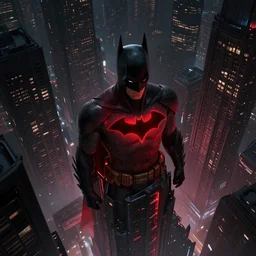 gradient vector. dark pallete. rule - of - thirds. octane render. cinematic. screenshot dc animated film. high angle.. futuristic onyx and red batman beyond looking down atop a cyberpunk gotham city building at night, highly detailed, sharp focus, by wlop, artgerm, greg rutkowski, james gurney, radiant light, subtle light fog