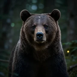 dark scene of a bear, surrounded by glowing eyes in the forest, realistic shaded lighting poster by ilya kuvshinov katsuhiro otomo, magali villeneuve, artgerm, jeremy lipkin and michael garmash and rob rey