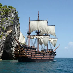 photo of a spanish galleon in front of a jamaican shoreline cliff with a cave