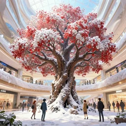 giant of life tree growing out of shopping mall in snow with red flowers white fruit, aesthetically inspired, fantasy art by greg rutkowski, loish, rhads, ferdinand knab, makoto shinkai and lois van baarle, ilya kuvshinov, rossdraws, tom bagshaw, global illumination, radiant light, detailed and intricate octane render environment