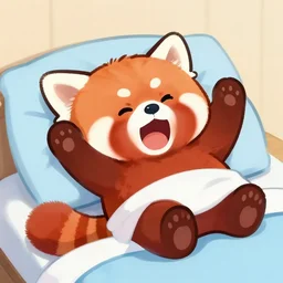 cute cartoon drawing of a red panda waking up from bed yawning and stretching, character art, painting, trending on artstation