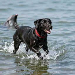 black dog with red collar splashing in water like a dolphin