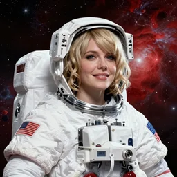 highly detailed portrait of a hopeful pretty astronaut lady with a wavy blonde hair, by Ed Emshwiller, 4k resolution, nier:automata inspired, bravely default inspired, vibrant but dreary but upflifting red, black and white color scheme!!! ((Space nebula background))