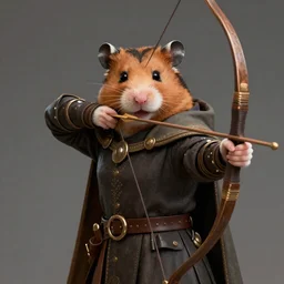 portrait of a fantasy hamster with a medieval cloak shooting with a bow, digital art, artstation, realistic, detailed