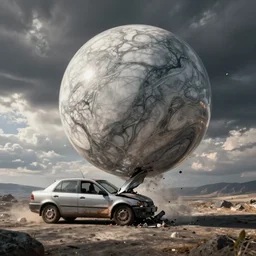 an giant marble fall from sky and hit car , wrecked
