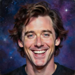 jim carrey big smile exploding head, cosmic starfield background oil painting masterwork trending on artstation