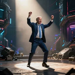 biden dancing, heroic shot, post apocalyptic, cyberpunk
