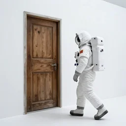 side profile of an astronaut walking towards an old wooden door in an all white plane of existence in the middle of nothing, photorealistic, ultra detailed