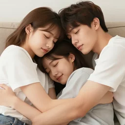 close - up of three young people cuddling in the sofa, 2 8 4, romantic, group hug, polyamory, highly detailed, smooth, stylized, vector line art, clean cel shaded vector art, by ross tron, lois van baarle, artgerm, helen huang, makoto shinkai, ilya kuvshinov, rossdraws