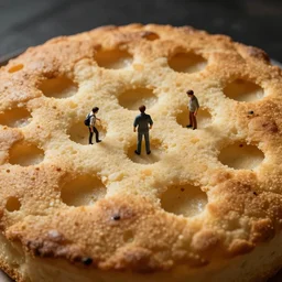high quality close - up photo of giant crumpet, tiny people in the crumpet holes, highly detailed, cinematic lighting, ricardo bofill anka zhuravleva, dramatic lighting, top shot, uhd 8 k, shallow depth of field