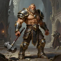 a highly intricate full body portrait painting of a muscular beautiful goliath in daedric - armor, ultra wide shot, battlehammer, poising for the camera, on an medieval gothic street, in the style of greg rutkowski and hans zatzka, digital art, sharp focus, highly realistic, octane render