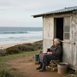 a lonely old woman living in a shack by the shore of the great ocean road, south australia. she is awakening from a nap and making coffee.