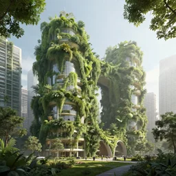 epic exterior view of biophilic design, architecture photography, utopian city, hyperrealism, photographic, urban green, dappled lighting, misty, unreal engine 5, 8 k