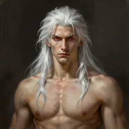 a handsome man with long white hair, red eyes, muscular, superpowers, fantasy, portrait, sharp focus, intricate, elegant, digital painting, artstation, matte, highly detailed, concept art, illustration, ambient lighting, art by ilya kuvshinov, artgerm, Alphonse mucha, and Greg Rutkowski