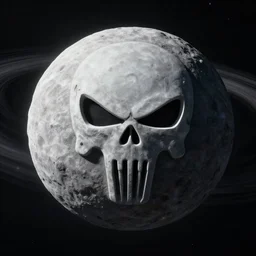 asteroid belt with big asteroid carved punisher skull emblem
