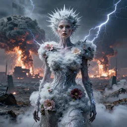 A portrait of a woman wearing clothes made out of thunder clouds and flowers, apocalypse, nuclear explosion in the background, spiky skin, Masterpiece, glowing, wires everywhere, by Edgar Maxence and Ross Tran, Zdzisław Beksiński, and Michael Whelan, distant, gustav dore, H.R. Giger, 8k, octane render