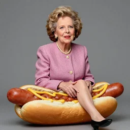 Margaret Thatcher sitting on a large hot dog, colour, hyper realistic