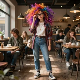 stylish girl with freckles glasses and wild colorful hair, detailed cafe background full body | | fine detail!! anime!! realistic shaded lighting!!, directional lighting 2 d poster by ilya kuvshinov, magali villeneuve, artgerm, jeremy lipkin and michael garmash and rob rey