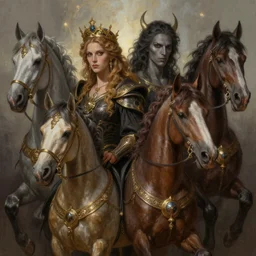 Portraits based on the four horsemen of the apocalypse, intricate, epic, elegant, menacing, fantasy, highly detailed, digital painting, hard focus, beautiful volumetric lighting, epic light, ultra detailed, by Leesha Hannigan, Ross Tran, Thierry Doizon, Kai Carpenter, Ignacio Fernández Ríos