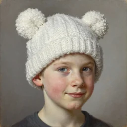 tall white 1 6 years old teenager wearing a hat. the hat is made out of white wool and covers his entire head except for his face. the hat has two little bumps on the top at both sides that resemble bear ears. ¾ face angle portrait, royal portrait painting, oil painting, highly detailed, realistic face, self - satisfied smirk