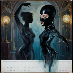 two abstract beautiful female body silhouettes, beautiful acrylic fluid portrait, photography by amy leibowitz, renaissance painting by michaelangelo, fresco, black latex female balaclava, female calendar, ballerina body covered with black water, underwater, old victorian room with glowing globes, close up portrait, cinematic still, film still, magic hour, dark shadows, fashion portrait, cold colors, long exposure,