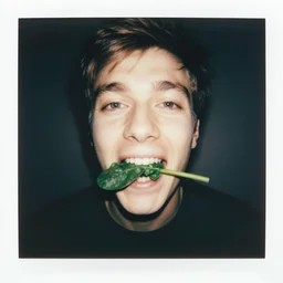 fisheye lens close up polaroid of thom yorke with spinach in his teeth