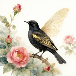 faerie blackbird in a rose garden of the palace. this watercolor and gold leaf work by the award - winning mangaka has a beautiful composition and intricate details.