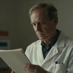 a cinematic headshot portrait of an doctor reading his notes, moody lighting, movie still, shallow depth of field, muted colors, by werner herzog