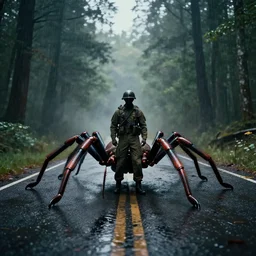 a photo of soldier stand across huge alien arachnoid bug, old road in the forest lomography photo, playstation 5 screenshot, fine details, rain, rtx reflections, fog, night, photorealistic, unreal engine, octane render, volumetric light, featured on cg society, 4 k, 5 0 mm bokeh