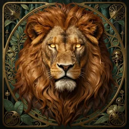 portrait of demigod hercules, long wavy auburn hair, lion head, glowing eyes, volumetric lights, forest, art nouveau botanicals, gothic, intricate, highly detailed, digital painting, artstation, concept art, smooth, sharp focus, symmetric face, illustration, steampunk, art by artgerm and greg rutkowski and alphonse mucha