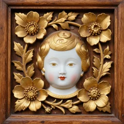 wood panel carved with flowers and leaves, a beautiful porcelain doll face, gold leaf gilding