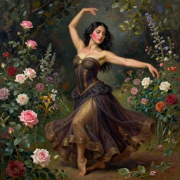 beautiful tan mexican woman, full body, dancing in a field of roses and many other exotic flowers, prominent rosy cheek bones, black hair and brown eyes, monet and da vinci art style,