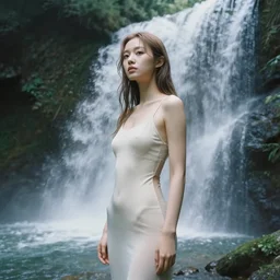 pretty girl!! model a forest with a waterfall, magic lucid dreams : : by martine johanna and simon stalenhag and chie yoshii and casey weldon and wlop : : ornate, dynamic, particulate, rich colors, intricate, elegant, highly detailed, the vogue, harper's bazaar art, fashion magazine, smooth, sharp focus, 8 k, octane render,