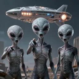 Photorealistic gray aliens pointing with their mouths open and a glowing spaceship in the background