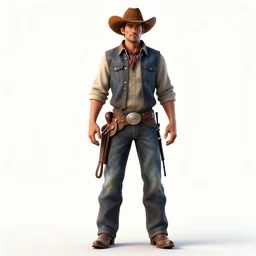 rugged ranch hand with saddle, detailed 3d character render, full body, standing, isolated on a pure white background, centered, whole figure in frame, sharp focus, studio lighting