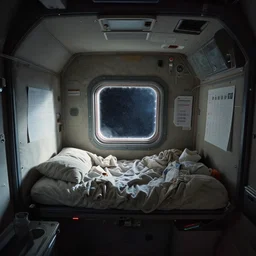 interior view of a space pod bed, small window to see space, tight space, claustrophobic, messy blankets and calendar on wall, wide angle, dim lighting, muted colors, by greg rutkowski makoto shinkai takashi takeuchi