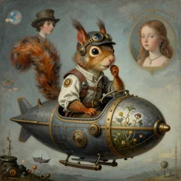 steampunk squirrel blimp airship pilot, a portrait of inner thought by hieronymus bosch, cyril rolando, esher and natalie shau, whimsical, profound, impossible. painted, intricate, trending on devaintart.