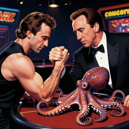nicholas cage arm wrestling with an octopus in a casino, pop art, roy lichtenstein style