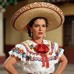 the image is a lost hollywood film still photograph of in this image, a beautiful mexican actress from the 1 9 5 0 s. she is wearing a traditional mexican dress and a sombrero. she has a very stern expression on her face. vibrant cinematography, anamorphic lenses, upscale, hyper realistic photo, crisp, detailed image in 8 k resolution.