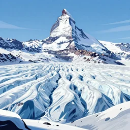 a beautiful winter day on the heavily crevassed glacier. matterhorn in the background. comic book landscape illustration, pop art, art by ashley wood, alphonse mucha, laurie greasley and josan gonzalez. cinematic. dynamic lighting. realistic proportions. creative design. cell shading