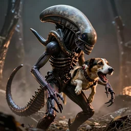xenomorph with a dead dog in its mouth. 1980s big budget movie.