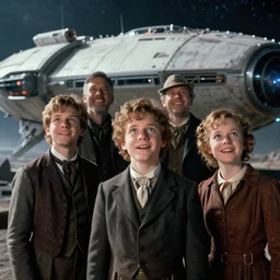 extremely sharply detailed, from blockbuster 9 k sci fi color movie freeze frame, set in 1 8 6 0, family standing in front of a crashed spaceship, on alien planet, looking happy, wearing 1 8 5 0 s era clothes, atmospheric lighting, in focus, reflective eyes, - 2 4 mm macro lens, live action, nice composition, good photography, clear facial details