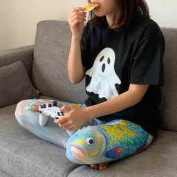 a woman with the torso of a human whose lower body is a fish, wearing a shirt that has a cartoon ghost design on it, playing a video game on a couch and eating chips, painting