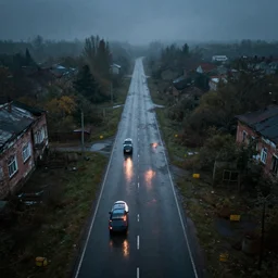 drone fottage of an old abandoned road lomography photo, playstation 5 screenshot, fine details, rain, rtx reflections, soviet suburbs, fog, night, photorealistic, unreal engine, octane render, volumetric light, featured on cg society, 4 k, 5 0 mm bokeh