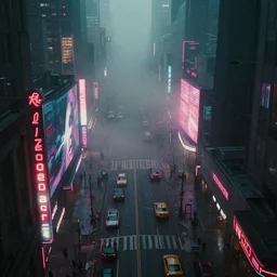 city streets seen from above, neon signs, giant screens, eerie fog, blade runner, ex machina, matte painting