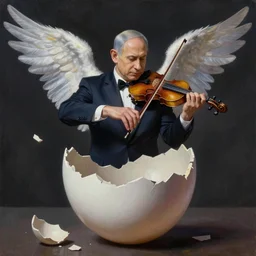 insanely detailed painting benjamin netanyahu as an ethereal winged violin player inside a broken egg, by wojciech siudmak